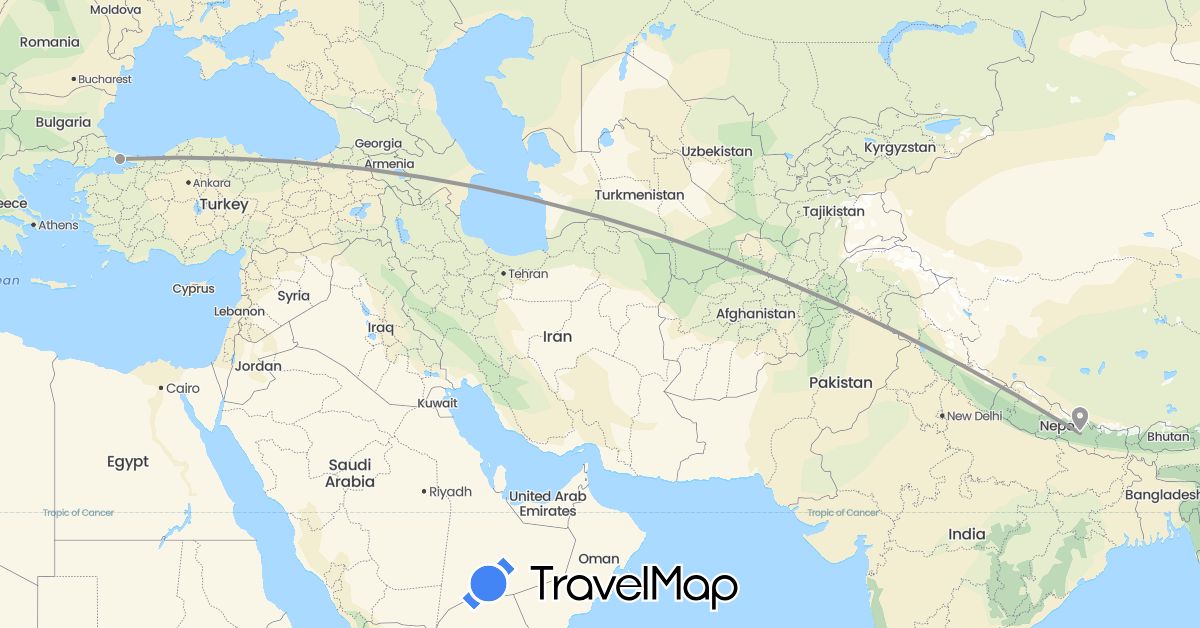 TravelMap itinerary: driving, plane in Nepal, Turkey (Asia)